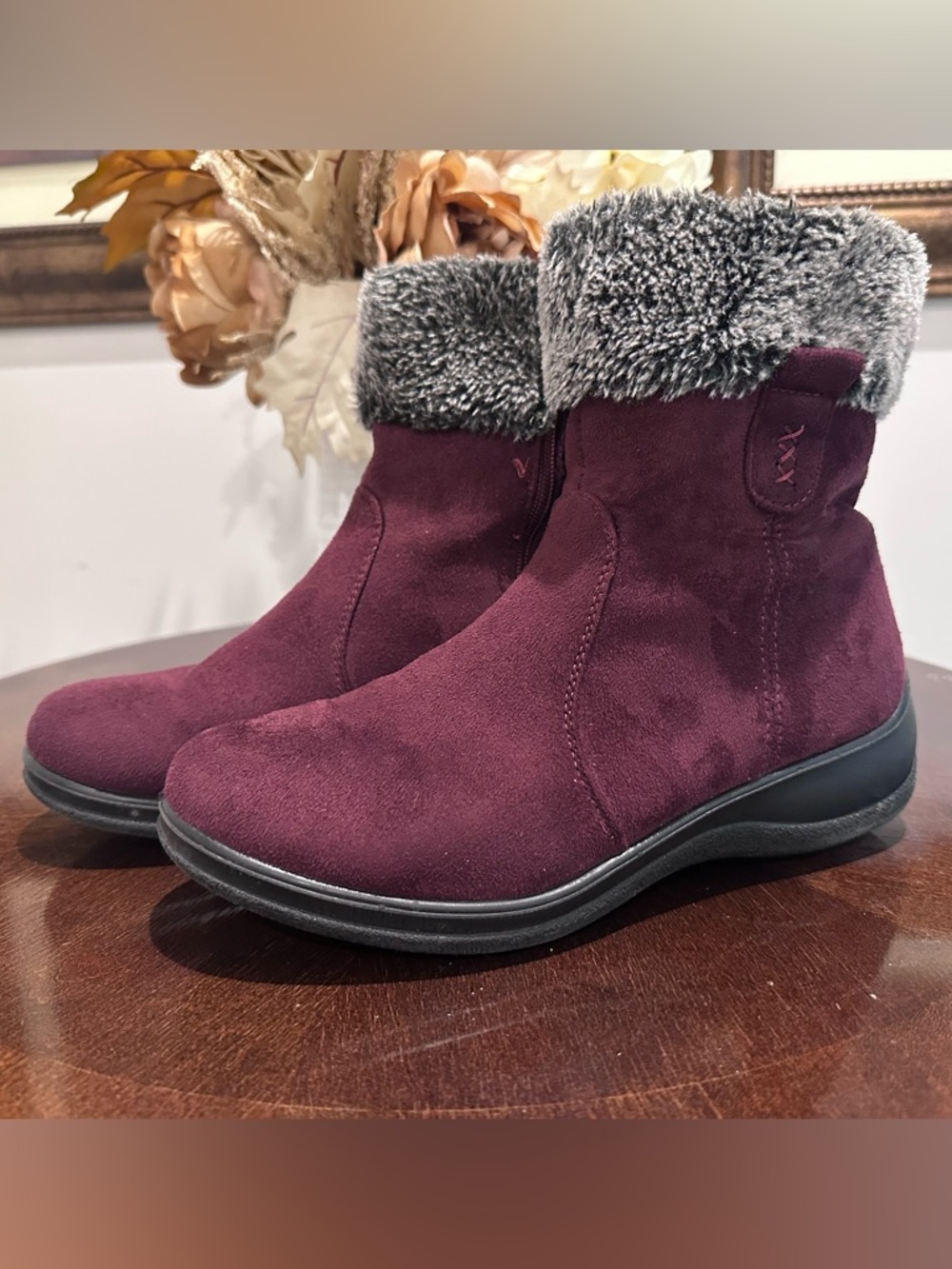Patrizia Faux-Fur Cuff Suede Ankle Boots - Wine